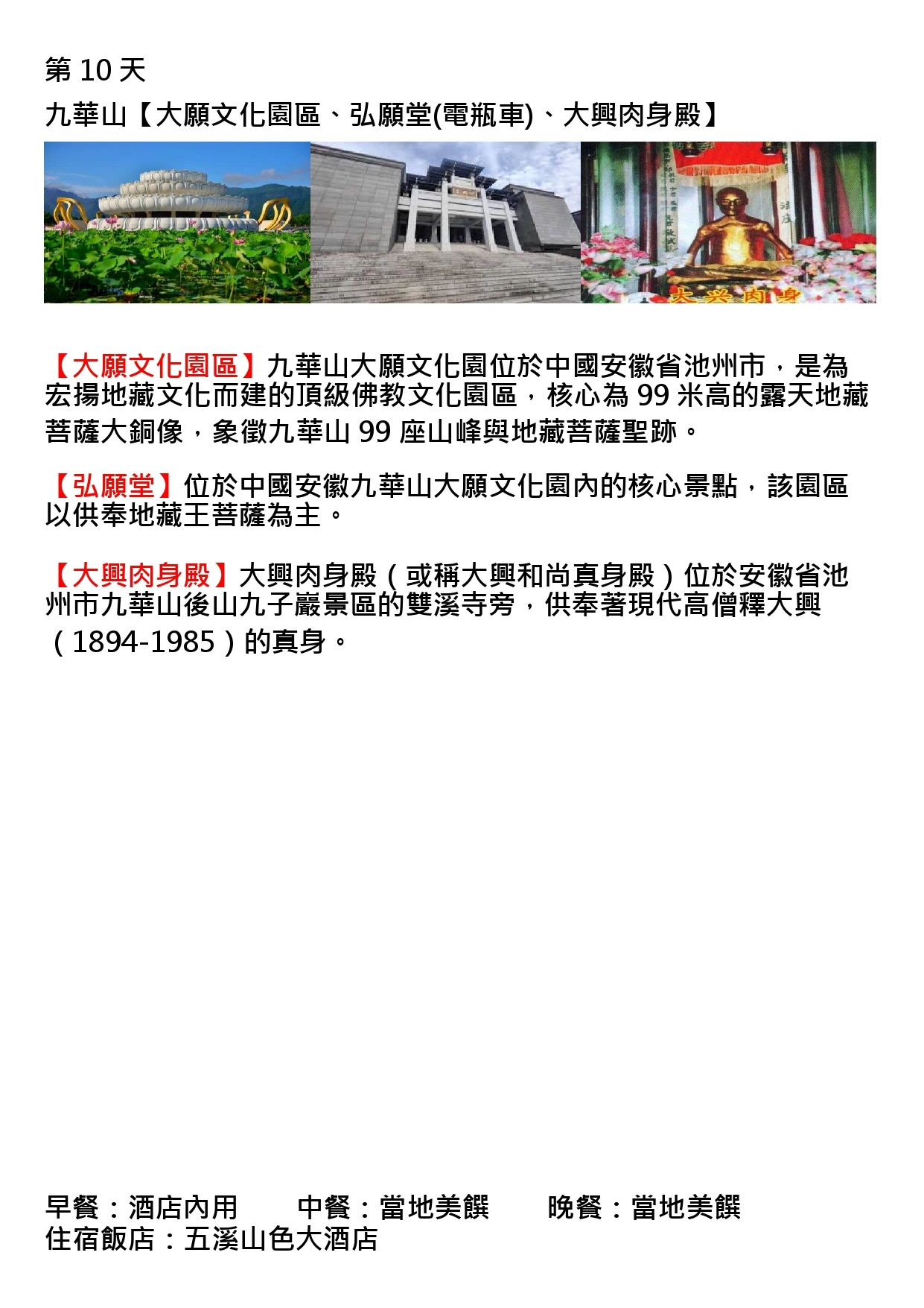 該圖片為行程手冊第十天頁面。三張主圖分別呈現蓮花池畔潔白蓮花造型建築的大願文化園全景、氣勢莊嚴的弘願堂石階正門，以及供奉於花叢中的金身肉身塑像，展現九華山地藏文化園區宏偉與莊嚴的宗教氛圍。